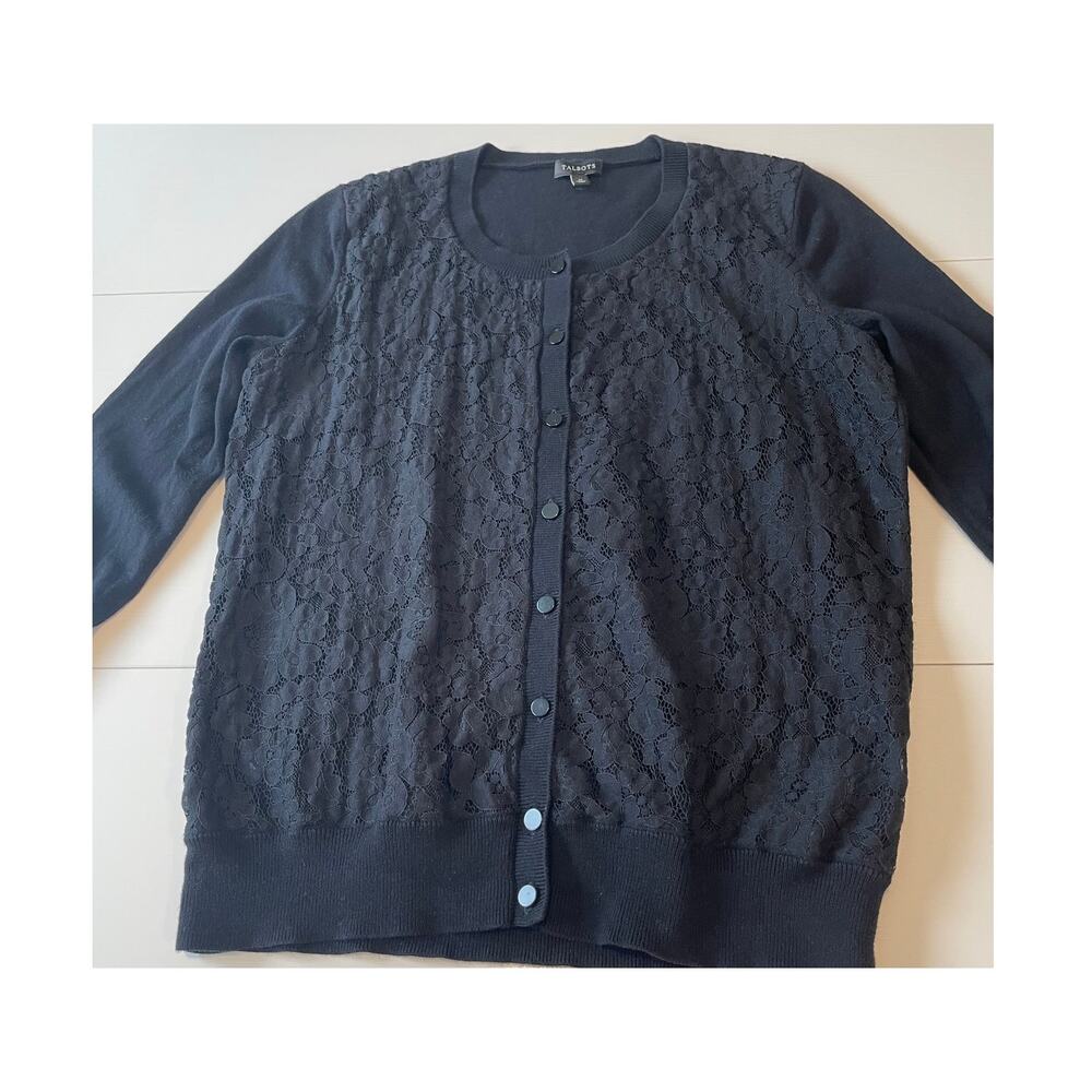 Talbots Cardigan Sweater Sz M Lace Front Black 3/4 Sleeves Button Front Feminine - Picture 4 of 8
